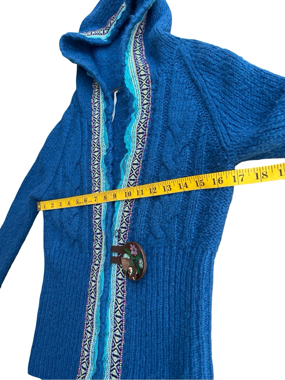 FREE PEOPLE Blue Klara Button Hooded Boho Cardigan Sz M Cozy Artisan Lace Trim - Picture 10 of 13